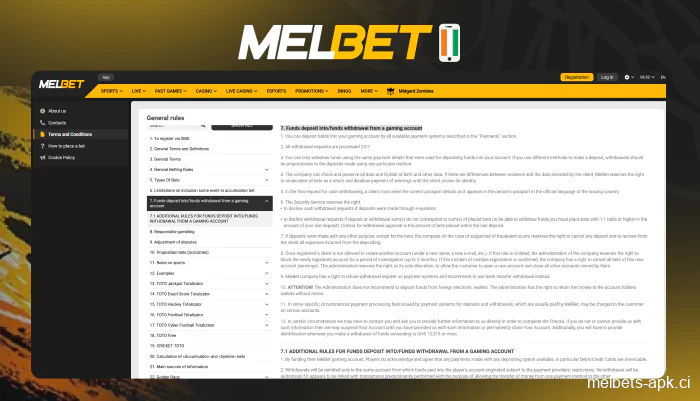 Règles de la politique de remboursement de Melbet pour les joueurs en Côte d'Ivoire